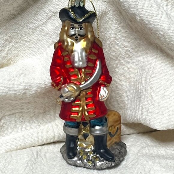 Pirate Buccaneer w/Sword Treasure Chest Glitter Christmas Glass Ornament 2"x5" - Picture 2 of 12